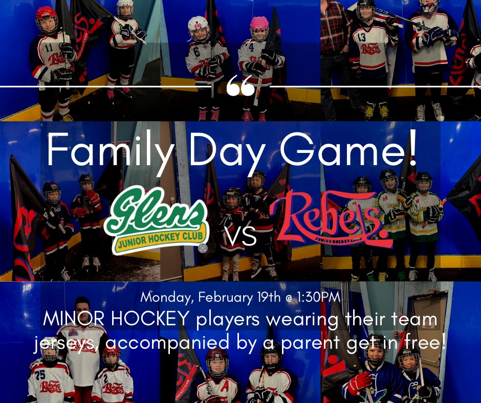 CharLanRebels's tweet photo. The final instalment of this year’s Battle of Glengarry will be on Family Day!
Minor Hockey Players, accompanied by a parent get in Free!
🆚 Alexandria Glens
🏟️ Char-Lan Rec Centre
🗓️Mon Feb 19
⏱️ 1:30PM
📺FloHockey
🎟️ $10/adult $7/U14
Come on out & support! #GoRebsGo❤️💙🤍 https://t.co/qLdYKBrK4K