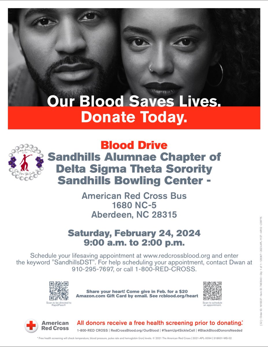 Please help out people in need by donating blood.    Blood drive Feb 24.    See flyer below.   sandhillsalumnaedst.org