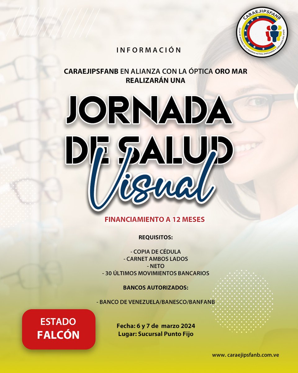 #16Feb #Falcon 🫣 ¿Qué debes hacer para renovar TÚ salud visual? 😬

¡ATENCIÓN! Es fácil y sencillo, solo debes participar en la JORNADA VISUAL que tenemos para TI, allí, brindaremos asesoría y mucho más...

🤪 Daremos un PLAZO DE FINANCIAMIENTO hasta 12 MESES.

¡ASISTE! ✨