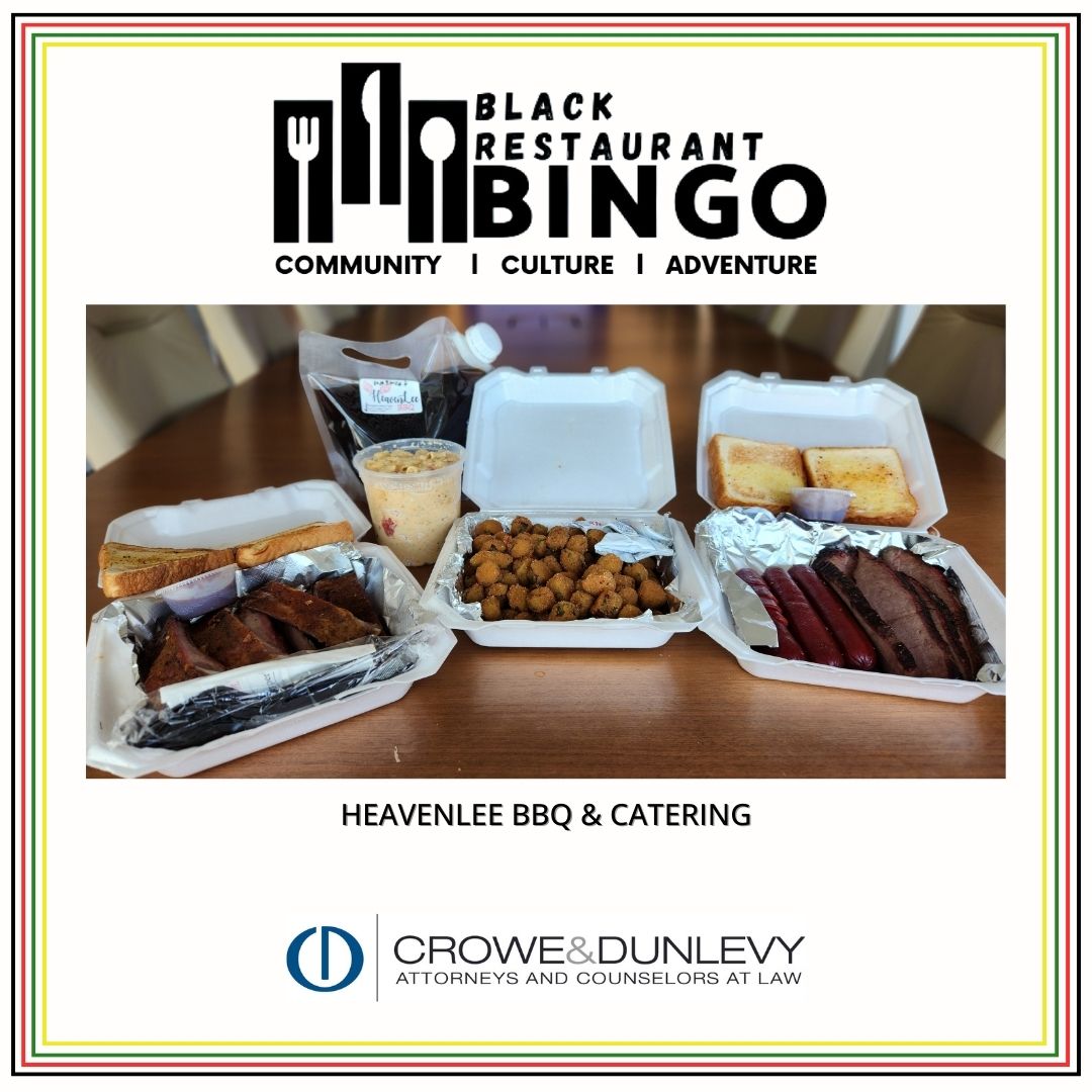 Crowe_Dunlevy's tweet photo. Happy Friday! We got our first bingo today thanks to HeavenLee BBQ and Catering—a perfect way to end a busy #OKCBlackRestaurantBingo week. We can’t wait to fill in the rest of our card. @biggerthanfood #CroweBHMBingo https://t.co/rHriM6CVsP