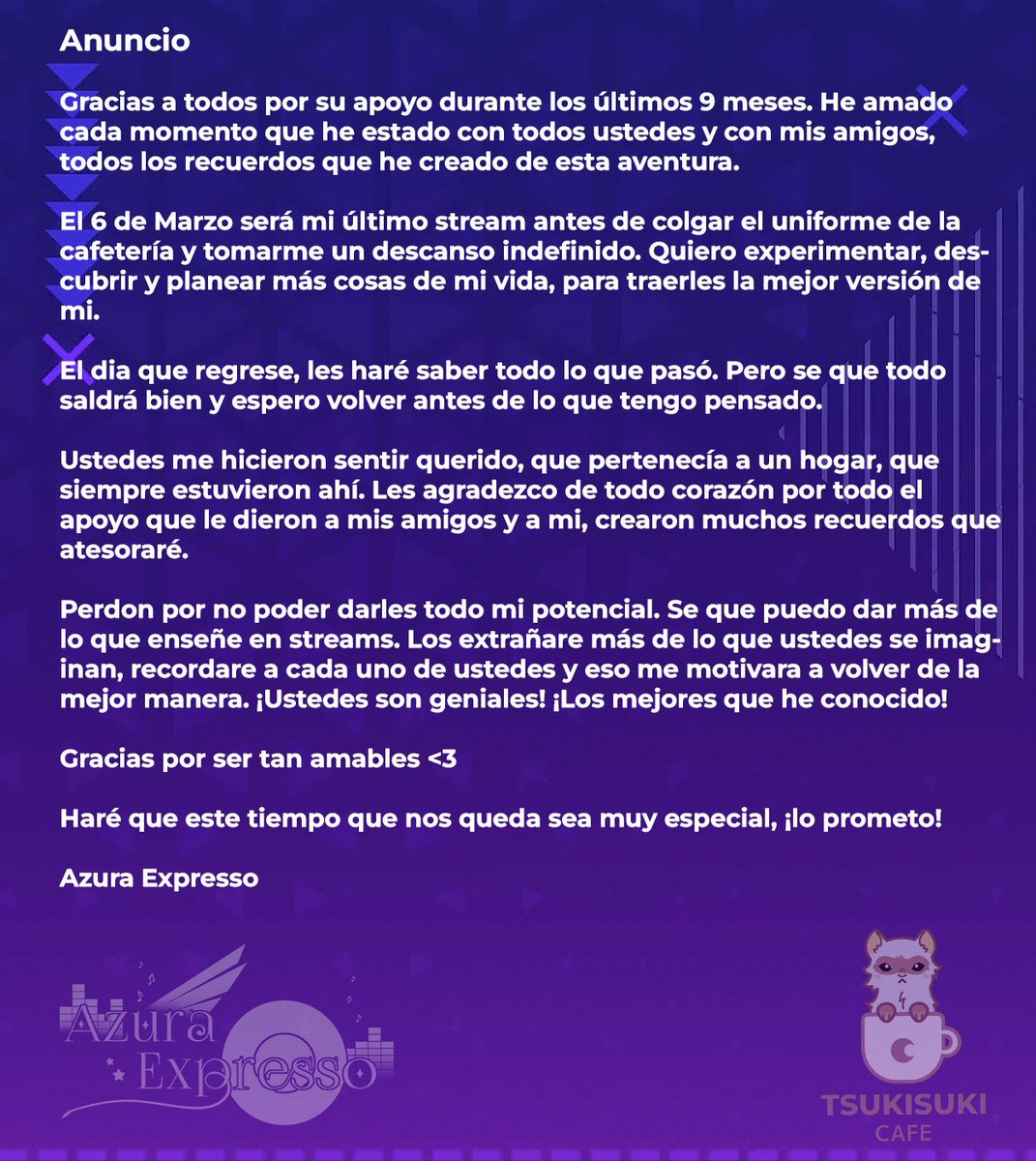 【 Anuncio de Hiatus Indefinido 】

Gracias a todos por estar conmigo todo este tiempo, los quiero mucho 💜

Estaré deteniendo mis actividades como Vtuber y el ultimo stream será el 6 de Marzo a las 6pm GMT-6