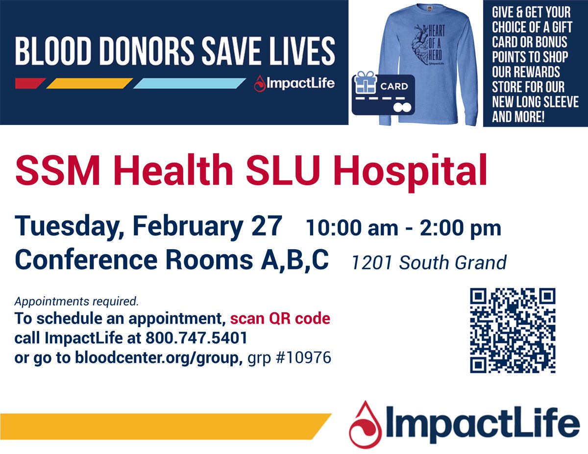SSMHealthSTL's tweet photo. Sign up to be a lifesaving blood donor on Tuesday, Feb. 27 at @SLUHospital to receive your gift from @impactlifeblood ➡️ https://t.co/oiUHCaK7q9 https://t.co/FzJUFeRieo