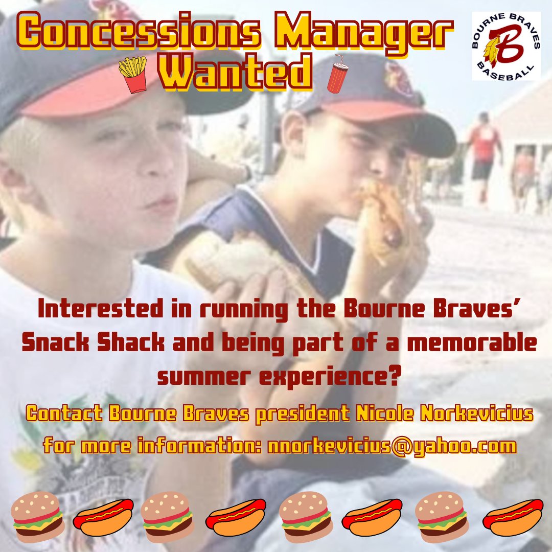 The Bourne Braves are in search of a concessions manager for this summer. Help feed the fans as they cheer on the back-to-back @OfficialCCBL champion Braves! #GoBravos #RunItBack