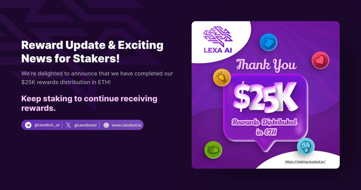 Lexabotai's tweet photo. 🎉 Milestone Alert! 🚀 
We've proudly distributed $25K worth of USDT to our amazing community &amp; the rewards don't stop there! 

More $LEXA tokens are being distributed on daily basis. Join the movement &amp; watch your rewards grow! 

#LEXARewards #CommunityFirst #KeepEarning 📈💰 https://t.co/5kBc6lyx4j