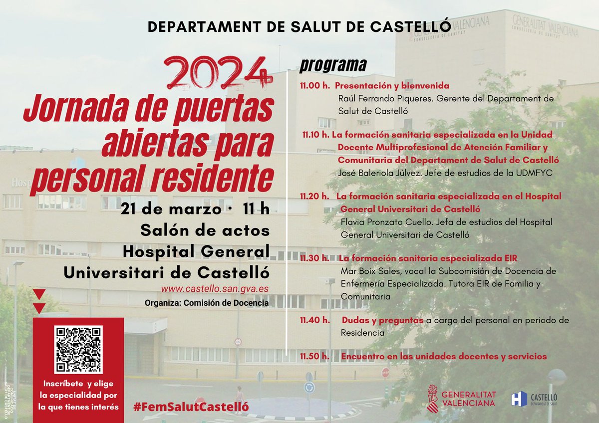 😀El 21 de marzo te esperamos a la jornada de puertas abiertas para residentes #MIR #EIR #FIR 

✍️Inscríbete y elige las especialidades por las que tienes interés

🤝Conocerás el Hospital General de Castelló y te recibirán R mayores para resolver tus dudas

😍#FemSalutCastelló