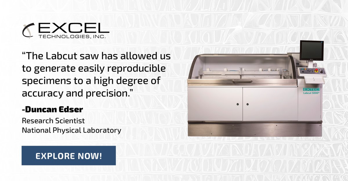 ExcelTechInc's tweet image. 🌟 Spotlight on Precision: Extec's Labcut 5000® Series 🌟
"Generate easily reproducible specimens to a high degree of accuracy and precision," says Duncan Edser, Research Scientist at National Physical Laboratory. Learn more at shorturl.at/bjvEP #Extec #Labcut5000