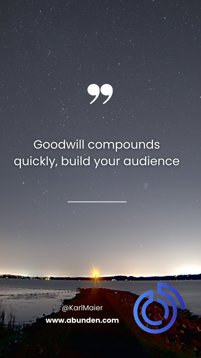 kkmaier's tweet photo. A key lesson in business: 

'Goodwill compounds quickly, build your audience.' 

Nurture relationships, deliver value, and watch the compound effect of goodwill fuel your business growth. 

 #AudienceBuilding #BusinessGrowth https://t.co/MEHSiIJIWx