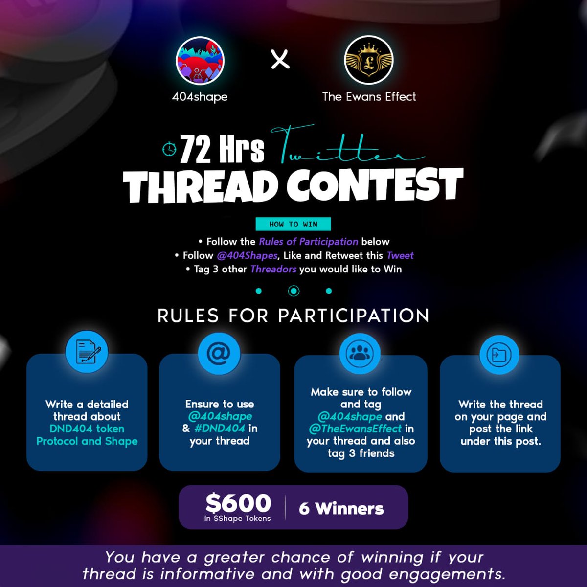 TheEwansEffect's tweet image. $500 THREAD CONTEST😱

@404shape calls out to threadors to come show their writing skills🔥

🎁Prizes;
$600 in $SHAPE
6 winners

How to WIN ;
• Follow the instructions in the image below 
• Like and RT this tweet 
• Tag 3 other threadorrs you would like to win 

72HRS⏰️