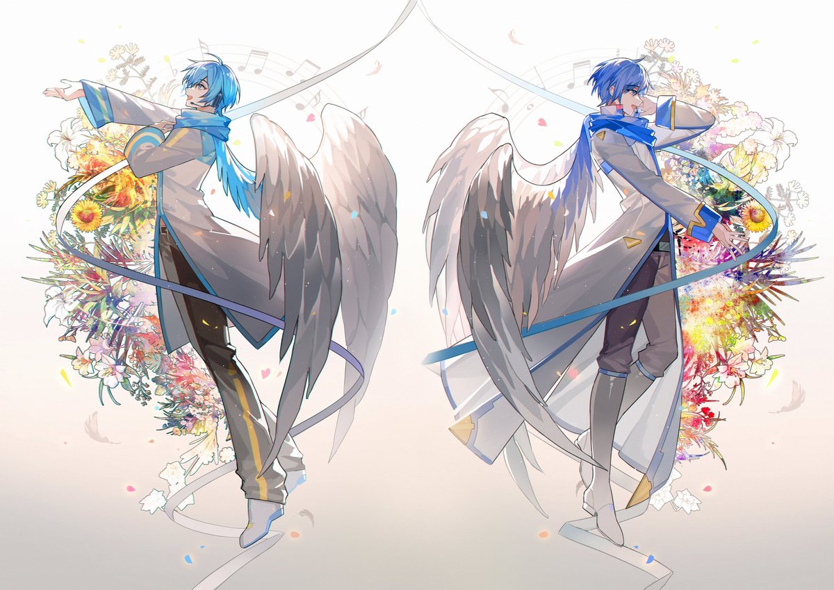 kaito (vocaloid) flower scarf wings male focus blue hair yellow flower bouquet  illustration images