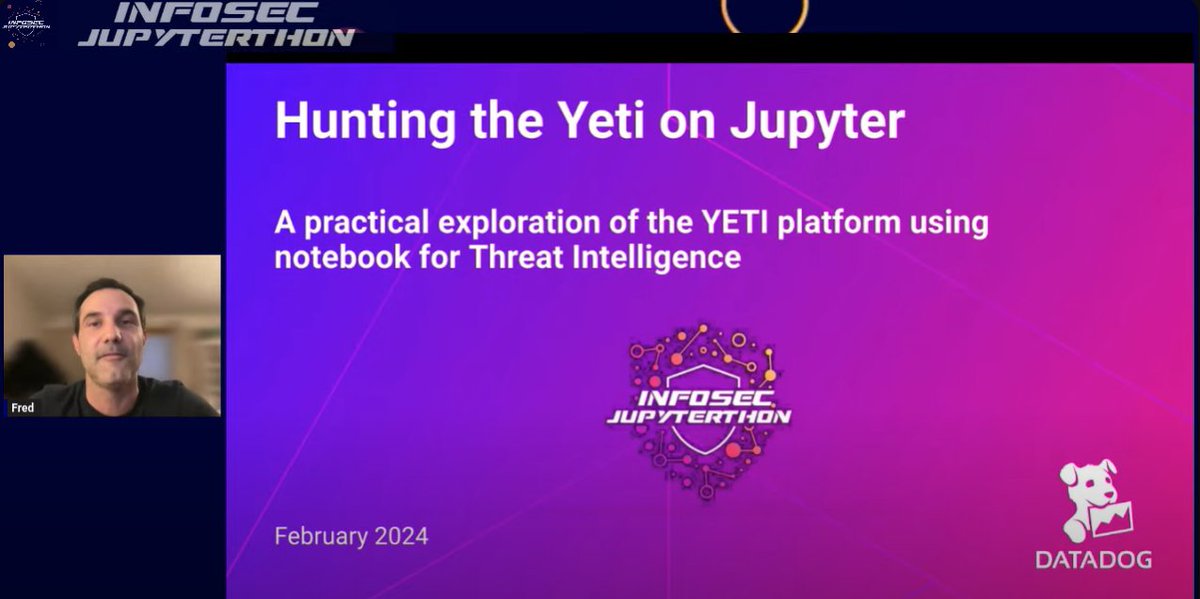 On now Fred Baguelin: 'Hunting the Yeti on Jupyter: A practical exploration of the YETI platform using notebook for Threat Intelligence' 🔴Join us live aka.ms/JupyterthonLiv… 🚀Join the discussion aka.ms/JupyterthonDis…