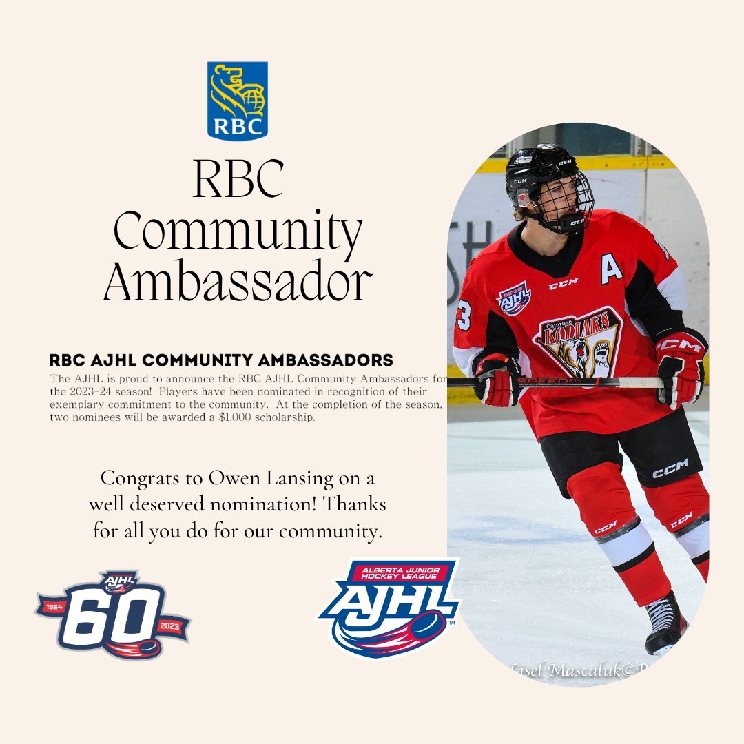 camrosekodiaks's tweet photo. Congrats to our very own Owen Lansing on a very well deserved nomination for the AJHL RBC Community Ambassador Award.

Thanks for the countless hours that your have put into the community in the past years Owen!! #community #ajhl #hockey #studentathlete #workhorse https://t.co/CeHodWPKIl