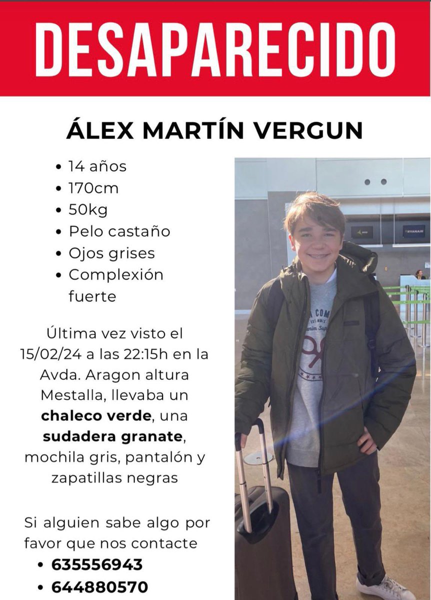 Este chico (Álex, 14 años) ha desaparecido en Valencia. Se agradece máxima difusión para ayudar a encontrarlo. Gracias.