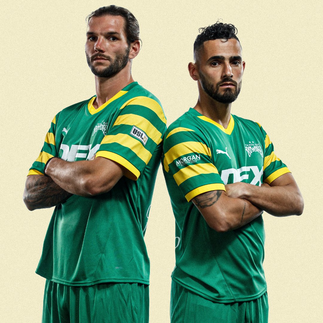 USLChampionship's tweet photo. An all-time classic! The hoop sleeves are back 🟢🟡

How are you feeling, @TampaBayRowdies fans? https://t.co/M005D5TjF4