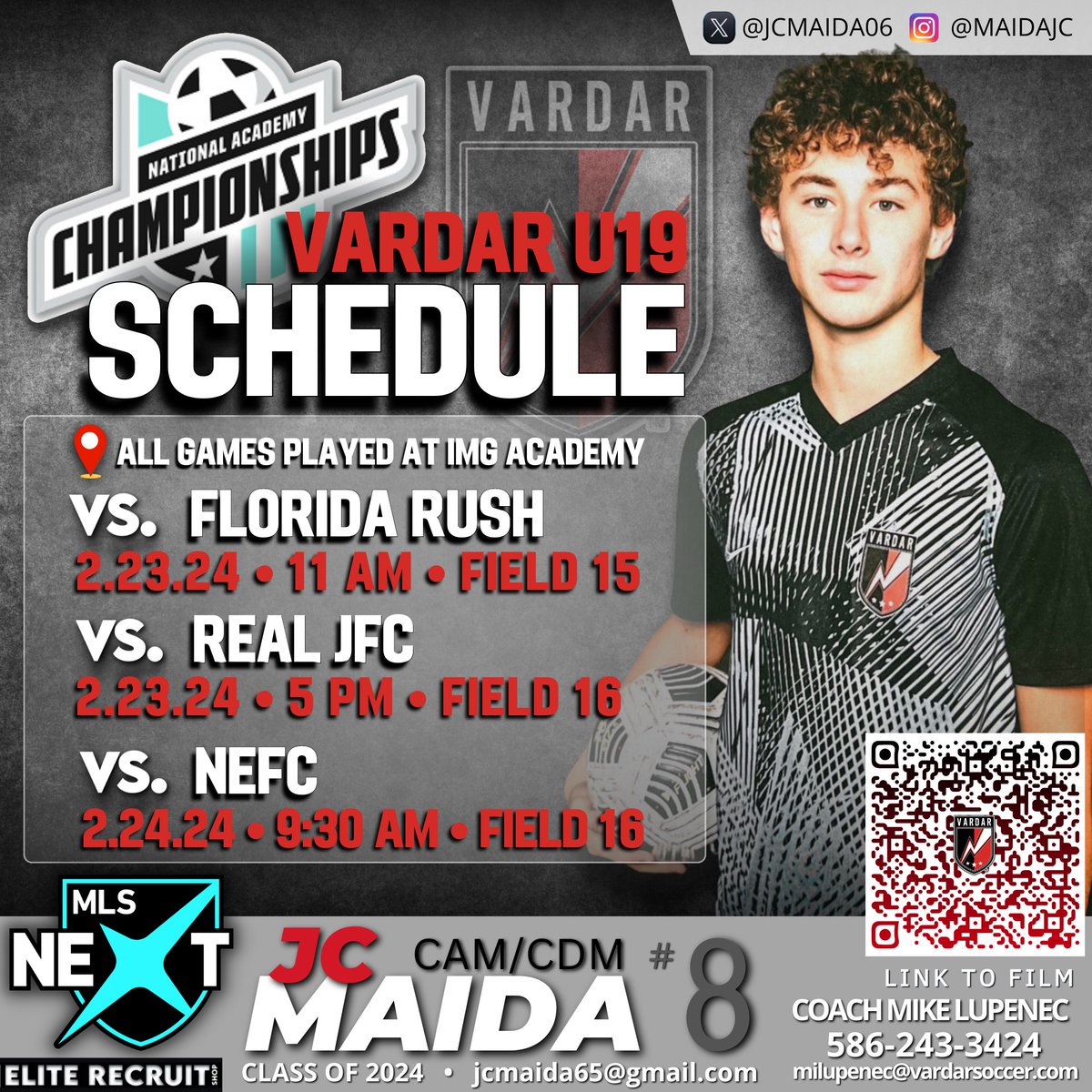 Here is the schedule for my team <a href="/vardarmichigan/">Vardar Soccer Club</a>
MLS Next U19, for the IMG men's college soccer showcase Feb. 23rd to the 26th. Hope your able to make it out to watch. You can watch the games
<a href="/spiideo/">Spiideo</a>   <a href="/IMGASoccer/">IMG Academy Soccer</a> <a href="/ncsa/">NCSA College Recruiting</a> <a href="/NcsaSoccer/">NCSA Soccer</a> <a href="/CoastRecruits/">Coast 2 Coast Recruits</a> <a href="/CoastalMSoccer/">Coastal Men's Soccer</a>