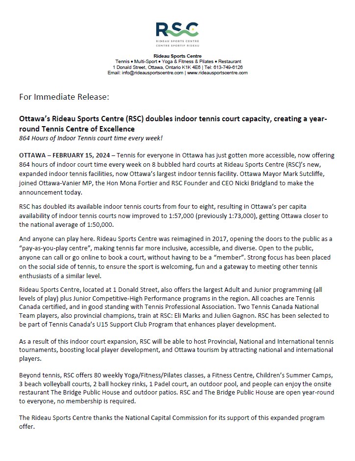 RideauSports's tweet photo. Did you see RSC in the news yesterday on CTV and Ottawa Citizen? Here’s our Press Release, officially announcing our 2nd tennis dome, doubling our indoor tennis capacity. 

#ottnews #ottawa #tennisforeveryone #sportottawa #tennis https://t.co/Ho8y3TTQ8m