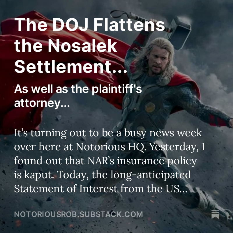 robhahn's tweet photo. [VIP] The DOJ Flattens the Nosalek Settlement. #realestate #CommissionLawsuits #WorldofREALTORS. In which I react to and analyze the DOJ's intervention in the Nosalek case. This is a big important milestone for the future of the industry.

https://t.co/j2SVDLZVQV https://t.co/2zP89rsgKC
