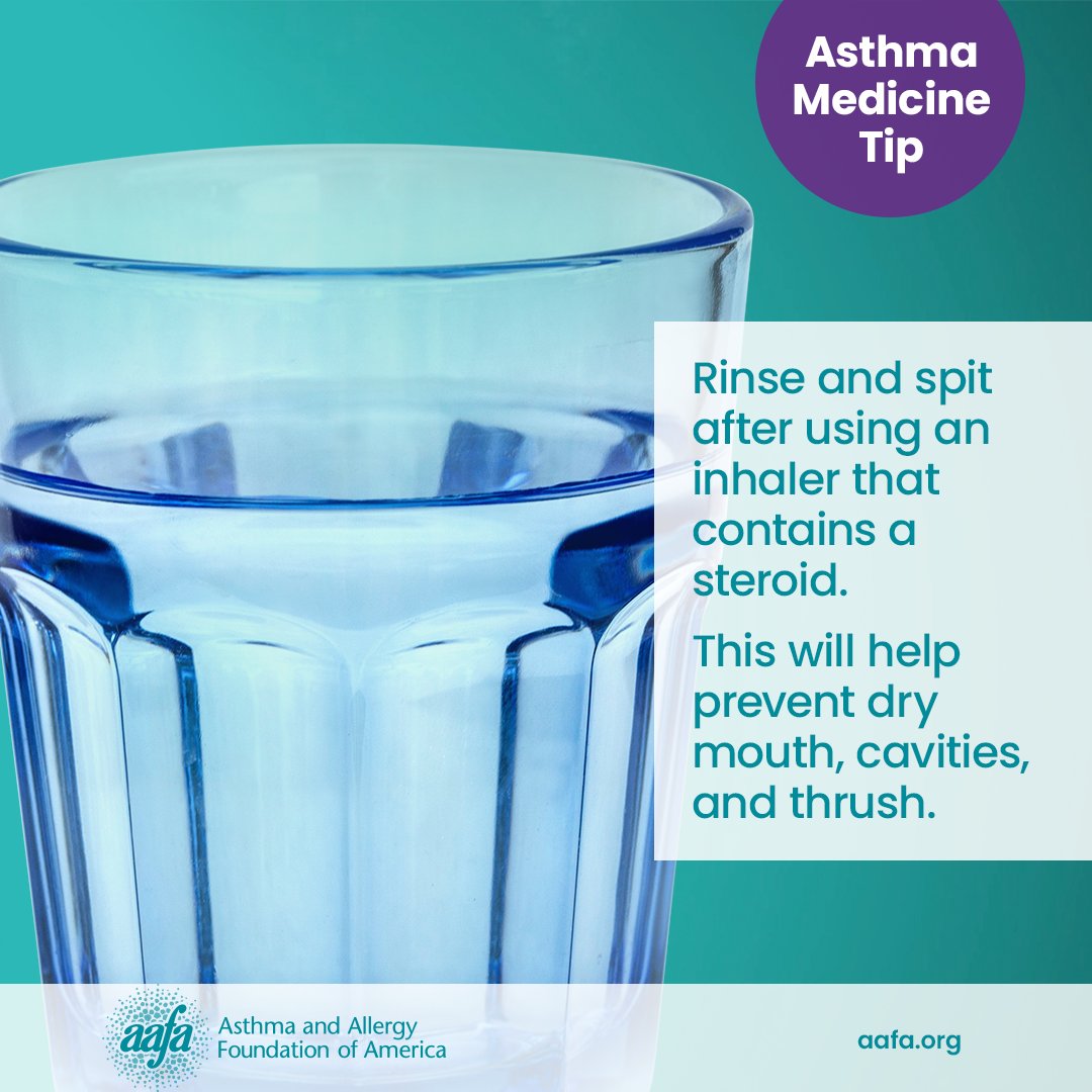 AAFANational's tweet photo. Asthma medicine tip: Many #asthma control medicines contain inhaled corticosteroids (“steroids”), or ICS. After using ICS, it's important to rinse and spit to prevent cavities and thrush. 

Learn more: https://t.co/zbJ84ivvX4 #NationalChildrensDentalHealthMonth #NCDHM #OralHealth https://t.co/hgouu9ltmQ