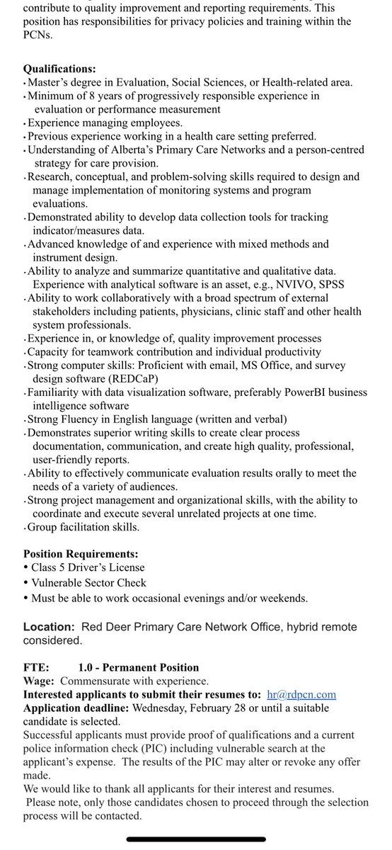 Are you a collaborative individual who is looking for an opportunity to bring your leadership skills to quality improvement initiatives in Edmonton? 

The Central Zone PCN and the Red Deer Primary Care Network are hiring an Evaluation Lead. Details in the attachments below!