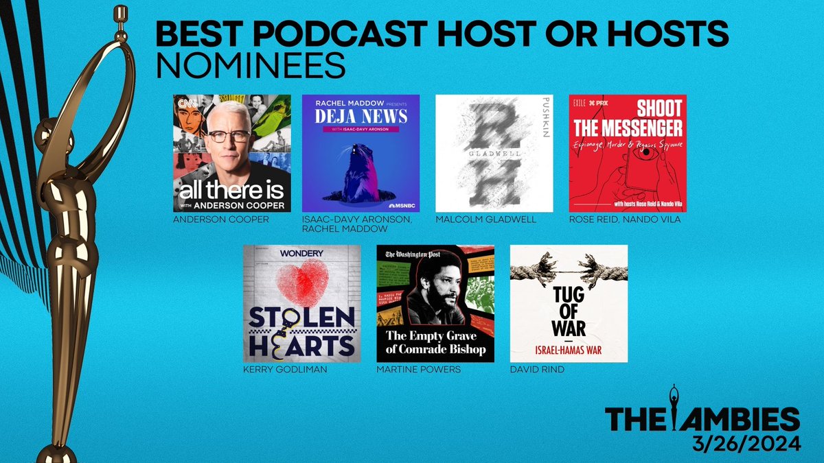 Here are the nominees for Best Podcast Host or Hosts. Congrats to all the #Nominees! #TheAmbies #podcast #awards @ApplePodcasts @Spotify @Stitcher @tunein @amazonmusic @pushkinpods @WonderyMedia @washingtonpost @CNNRadio