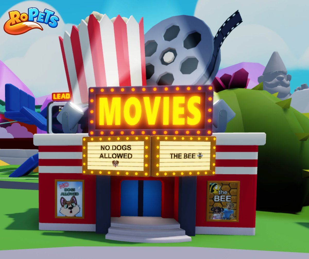 RoPetsGame's tweet photo. 🍿 Lights, Camera, Pets, Popcorn! 🎬

Functional duo Movie Theater with location task, role-play interactions &amp; emotes, seating for both you and your pet &amp; more coming to RoPets Thurs Feb 22nd. https://t.co/HQIc91J38K