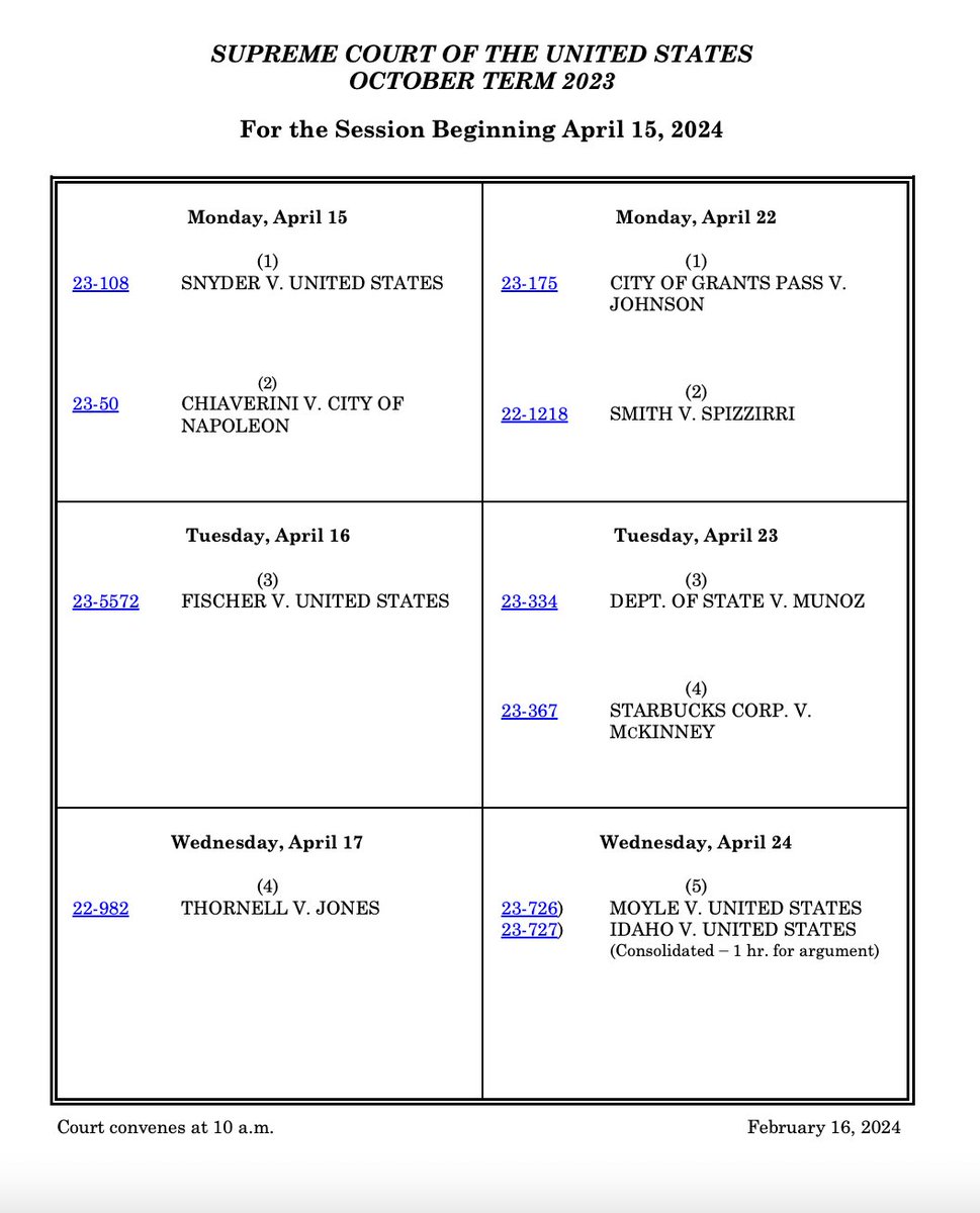 Supreme Court releases oral argument calendar for April, including Idaho abortion case (24th) and Jan 6 case that could affect Trump prosecution (16th)