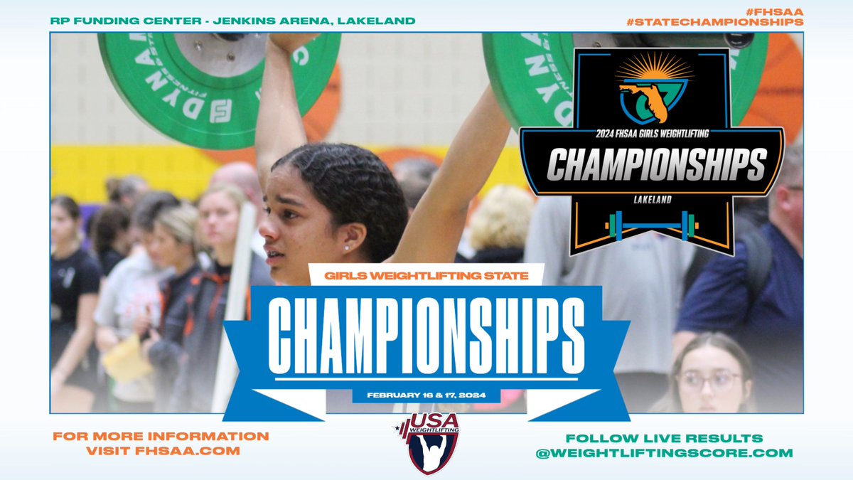 FHSAA's tweet photo. #FHSAA 2024 Girls Weightlifting #StateChampionships 🏆get underway today in #PolkCounty with #Class3A
ℹ️ https://t.co/9ERk1s9ssf
🏟️@RPFundingCenter (Lakeland)
Results: https://t.co/qqUVE6TTga
@VisitCentralFL #Liftislife @USWeightlifting https://t.co/fGIZpxVe9o