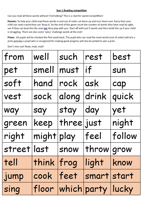 AFSPrimary's tweet photo. Year 1s are you ready for your next challenge? 
This week, Year 1 children were sent home with a read for speed challenge sheet which now include some 'spicy' challenge words. Can you read all these words without Fred talking? 📖🏃 #afsprimary #avantiway https://t.co/Q5COppVS6Z