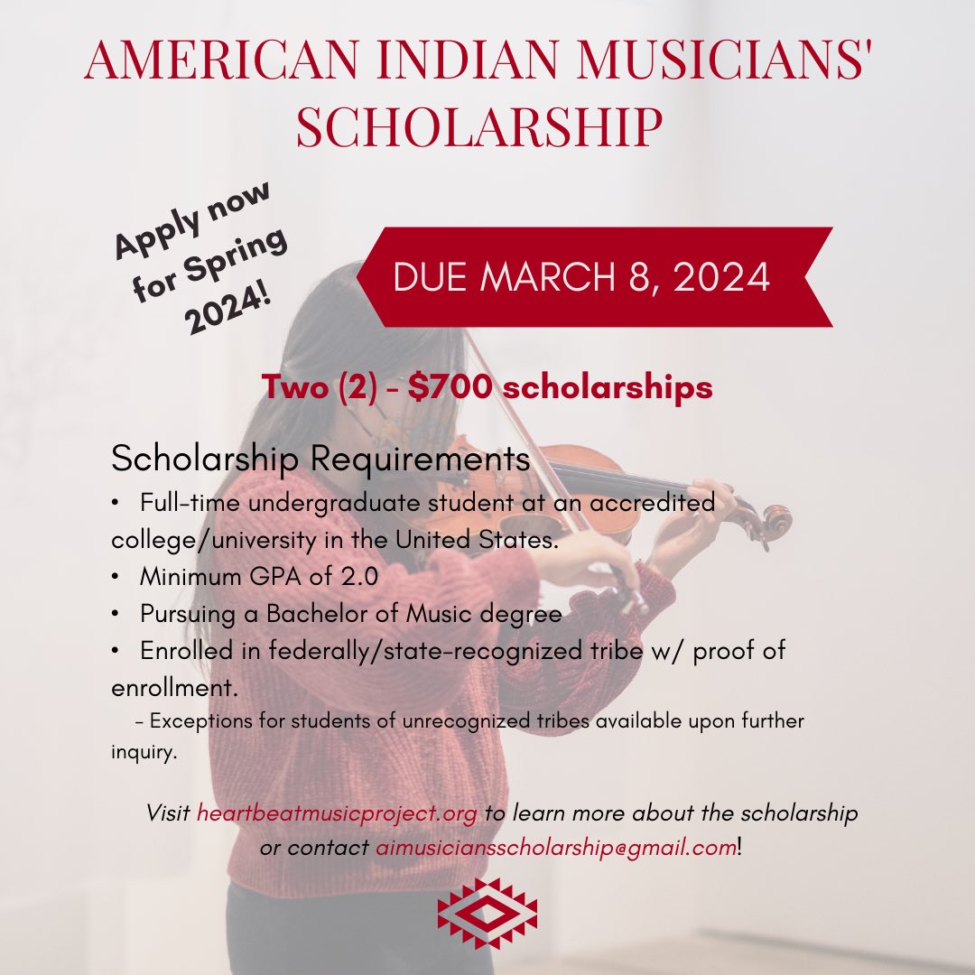 American Indian Musicians’ Scholarship application is out now for Spring 2024! Visit heartbeatmusicproject.org/aims-scholarsh… for info on how to apply and also how you can donate! Please share widely!