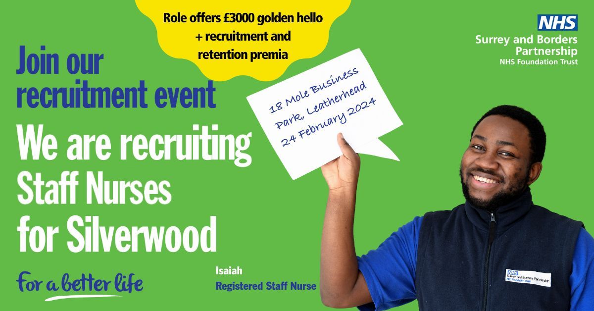 Silverwood, our new adult inpatient mental health unit, is looking for dedicated and talented Band 5 Staff Nurses. Learn more at our recruitment event. On the spot interviews will be available. bit.ly/3I1tmcH 

🗓️ Date: 24 February 2024
🕰️ Time: 10am -2pm

#NHSJobs