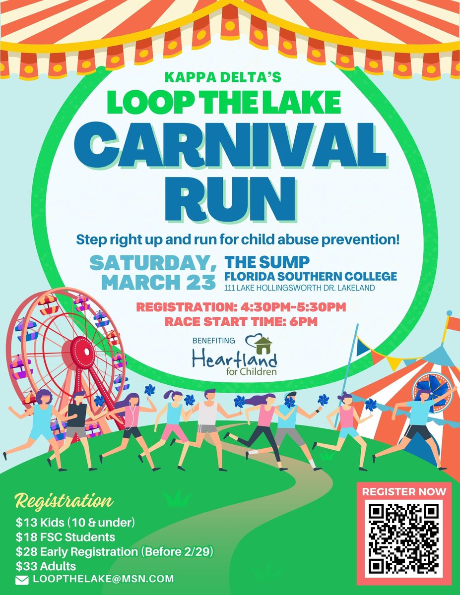 HFCFL's tweet photo. Step right up and run for #childabuseprevention at #LooptheLake Carnival Run! Hosted by @FLSouthern's @KappaDeltaFSC to benefit @PCAAmerica and Heartland for Children. Whether you run, skip or walk, this is going to be a fun for the entire family! 🚶‍🏃‍♀️

https://t.co/ViC3dzEF1J https://t.co/5kW0ZDYDDv