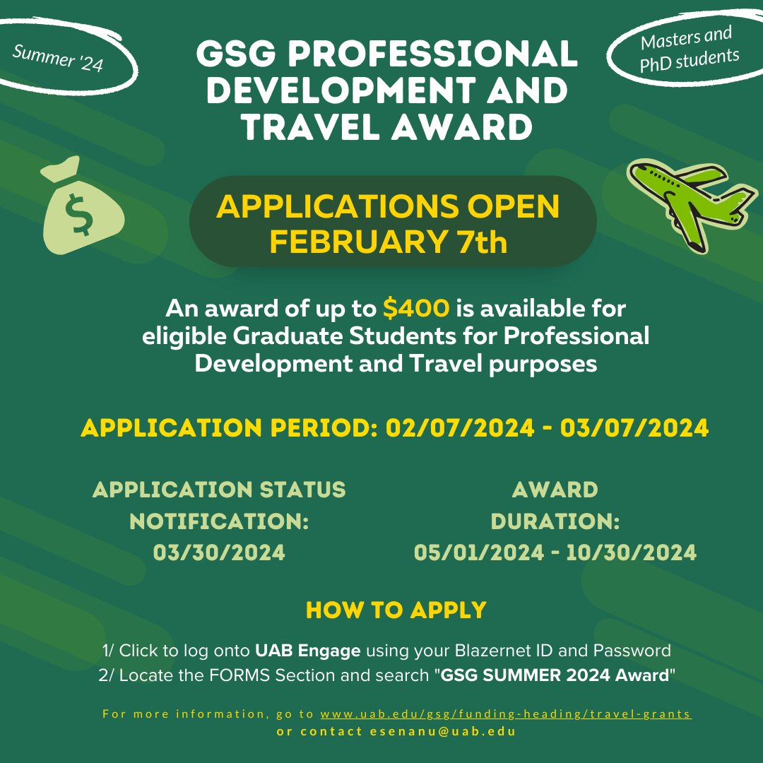 The GSG Professional Development and Travel Award are BACK and OPEN for applications! This funding is available to eligible UAB Graduate Students, whether you're in-state, out-of-state, or an international student. Application Deadline: 03/07/2024 #uabgrad #uab_gsg