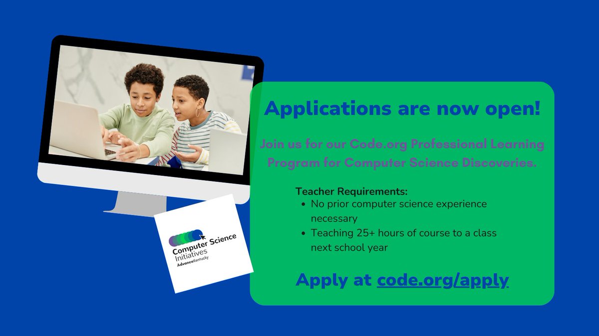🔍 Calling Kentucky teachers of grades 6-10! Ready to lead the way in computer science education? Apply for @advancekentucky's Computer Science Discoveries Program! Empower your students with hands-on learning, problem-solving skills, and creativity. #CSDiscoveries @KYDeptOfEd