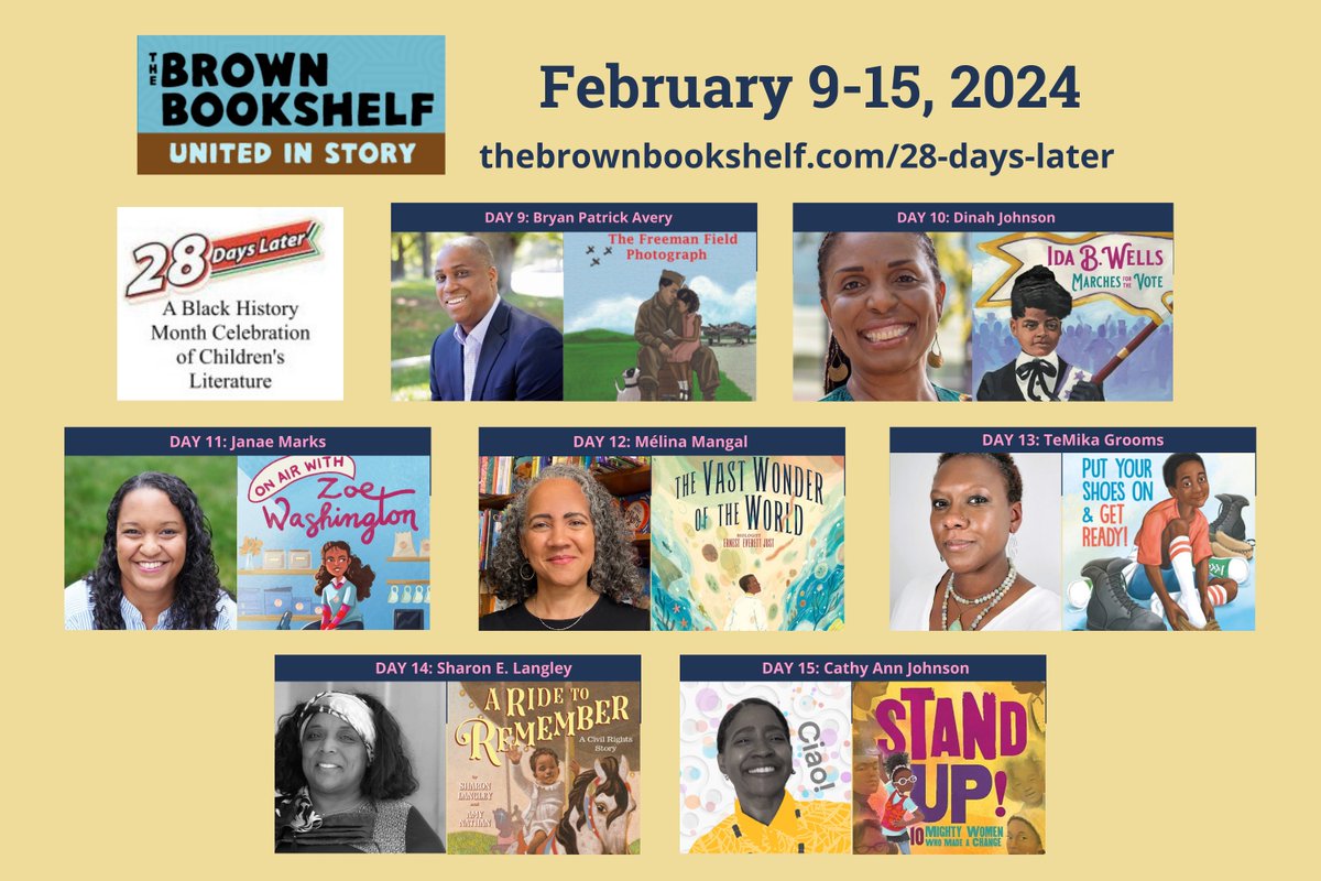 Today we’re highlighting the next seven storytellers in the 17th class of @brownbookshelf's 28 Days Later honorees. Learn more about these Black authors and illustrators, see their books for kids, and celebrate with us! thebrownbookshelf.com/28daysyears/20… #28DaysLaterBooks