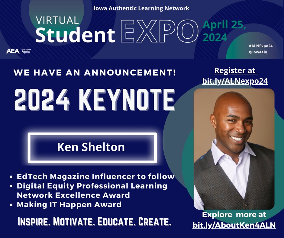 Iowa ALN (@iowaaln) on Twitter photo We have an announcement! 🎉 We are thrilled to announce our keynote speaker for this years 2024 Iowa ALN Virtual Student Expo! <a href="/k_shelton/">Ken Shelton</a> is an epic story teller & will #Inspire #Motivate #Educate #Create connections that will change trajectories! bit.ly/ALNexpo24 We have an announcement! 🎉 We are thrilled to announce our keynote speaker for this years 2024 Iowa ALN Virtual Student Expo! <a href="/k_shelton/">Ken Shelton</a> is an epic story teller & will #Inspire #Motivate #Educate #Create connections that will change trajectories! bit.ly/ALNexpo24