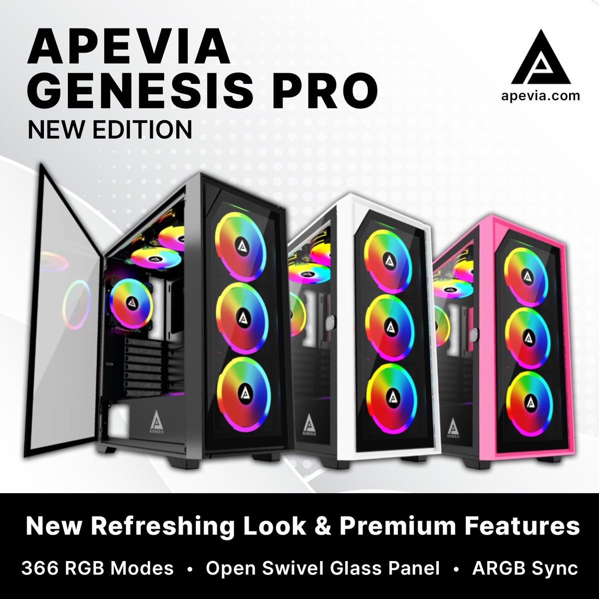 ApeviaCorp's tweet image. Experience the revamped Apevia Genesis Pro – a sleek and minimalistic new case design with 6x 120mm ARGB fans combined with enhanced features perfect for competitive PC gaming! ✨
#apevia #genesispro #gamingrig #buildapc #midtower #pcgaming #argb