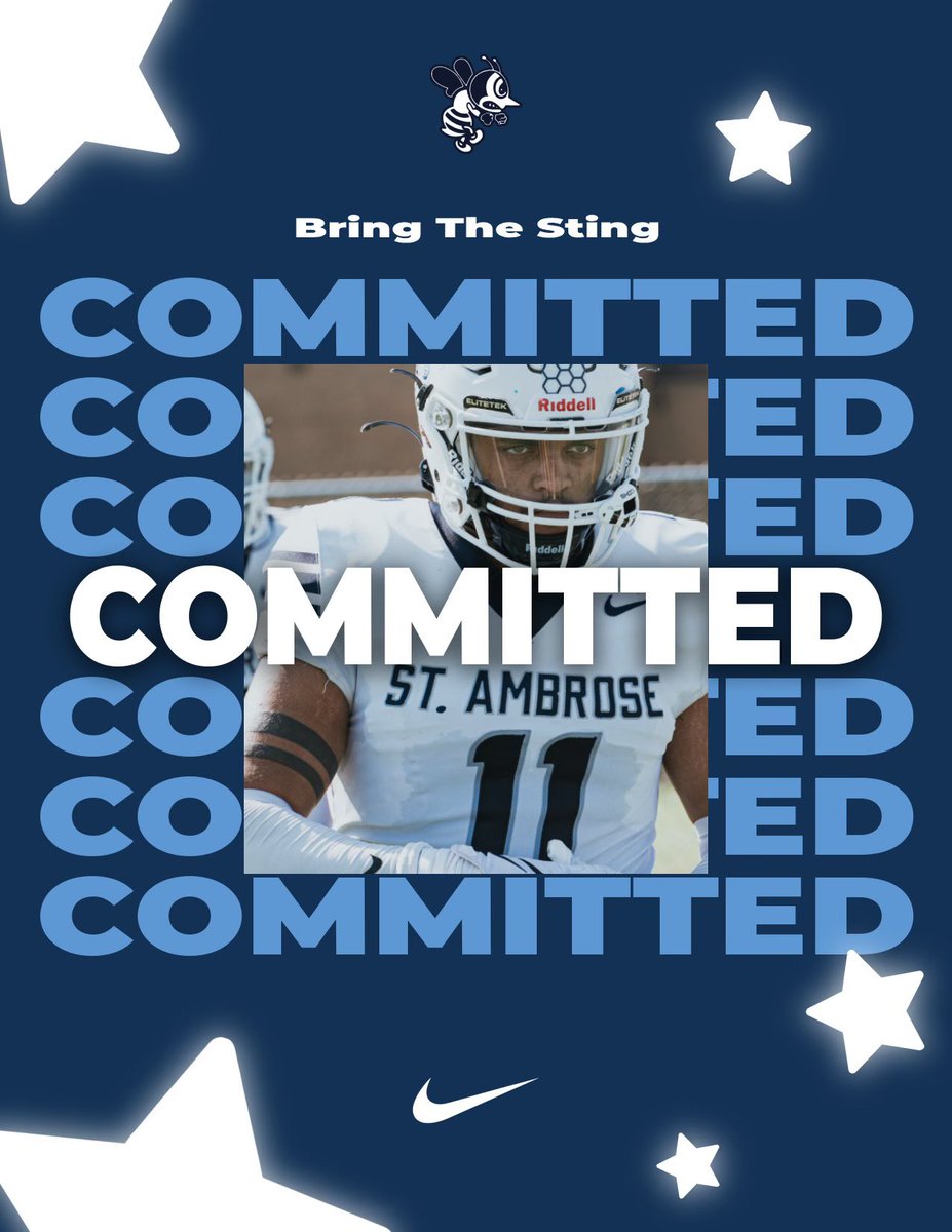 CobigeJr's tweet photo. I want to start off by thanking everyone that helped me get to where I am today whether that be coaches, family teammates, friends etc. With that being said I would like to announce my commitment St Ambrose University! @FightingBeesFB @VShaw23 @CoachLeBlanc1 #Committed 🐝 https://t.co/MRYOZyIpxB