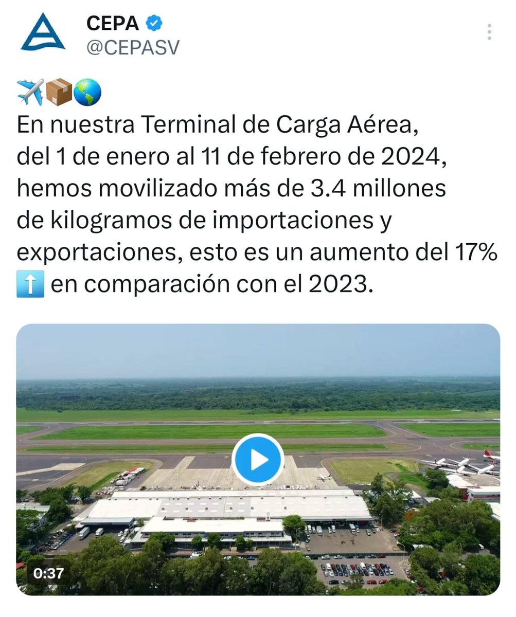 ADIMEX_Oficial's tweet photo. #DESTACADO En ADIMEX seguimos haciendo historia en la Terminal de Carga del Aeropuerto Internacional de El Salvador, logrando movilizar más de 3.4 millones de kilogramos de importaciones y exportaciones del 1 de enero al 11 de febrero de 2024.

#Adimex #Carga #ElSalvador #Cepa https://t.co/NuzhWaWRk2