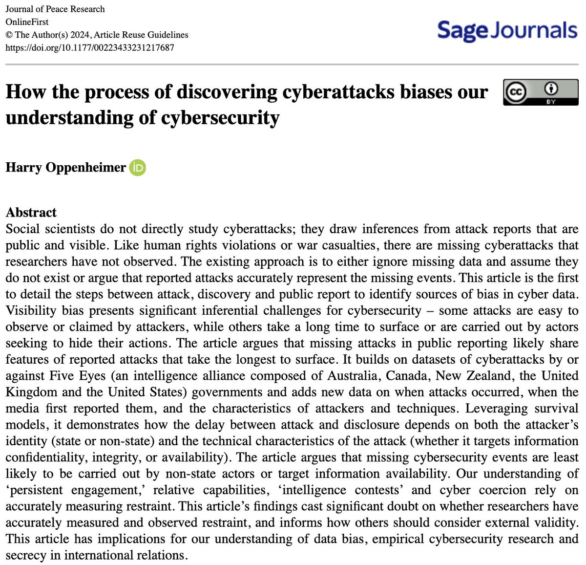 Excited to announce my article – How the process of discovering cyberattacks biases our understanding of cybersecurity - is @JPR_journal on first view. journals.sagepub.com/doi/full/10.11…