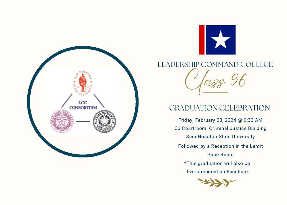 Please join us on Friday, February 23rd, at 9:30 A.M. as we livestream the 96th Leadership Command College graduation class! Class #96 represents 25 law enforcement executives from 22 agencies from all regions of Texas with a combined experience of 480 years.