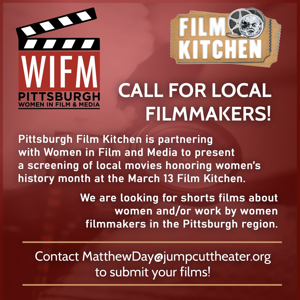 #Pittsburgh Film Kitchen is partnering w/Women In Film &amp; Media <a href="/wifmpit/">Women in Film & Media Pittsburgh</a> to present a screening of local movies honoring women’s history month on March 13

We are looking for shorts films about women and/or work by Women filmmakers in the Pittsburgh region

jumpcuttheater.org