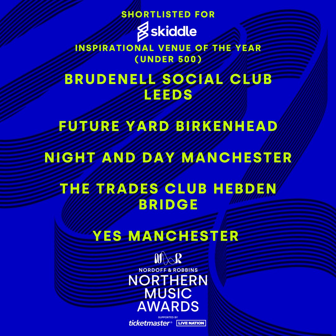 We're honoured to have been shortlisted for the @nordoffrobbins Northern Music Awards, in the 'Inspirational Venue Of The Year' category! 🏆 A pleasure to be included alongside friends @future_yard, @nightanddaycafe , @thetradesclub & @yes_mcr 🤝