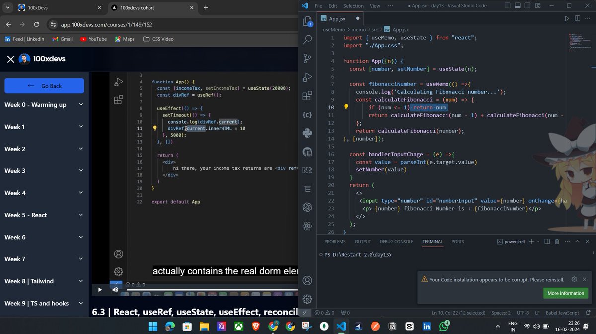 adiasfreelancer's tweet photo. Hello everyone,  I've Completed #Day014 of #365DaysofCode, Video Creation for Personal Branding→ Revision of Hooks, useEffect, useMemo, useCallback, useRef. Coding Continue Excited for the journey ahead! Join me in sharing learning adventures.  #Restart2_0 #LearningJourney https://t.co/fy39TCM9HE