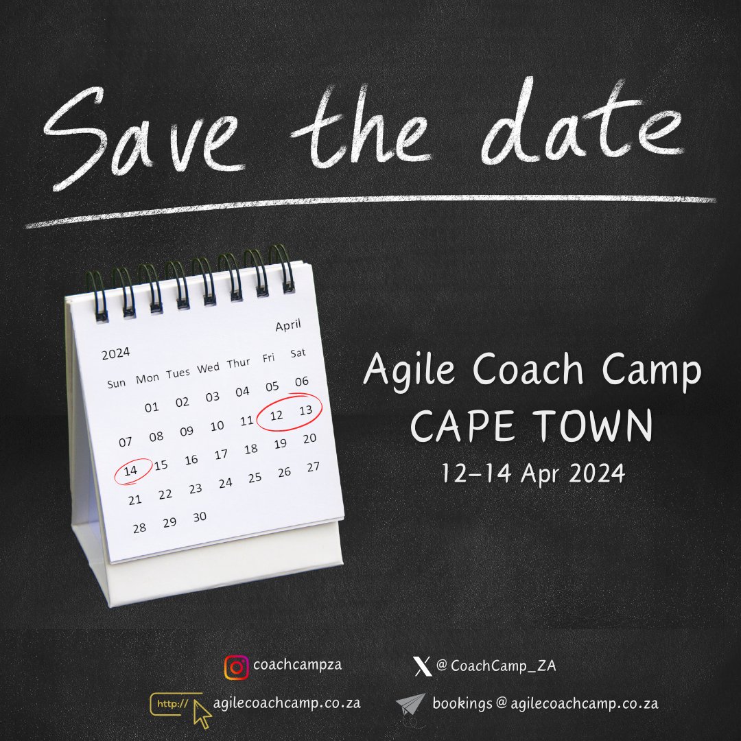 CoachCamp_ZA's tweet photo. SAVE THE DATE!
Agile Coach Camp, Cape Town, 12-14 April 2024.

Stay Tuned! Registration details will be available soon. Be ready to secure your spot for this event.

Keep an eye on the Agile Coach Camp website and social media channels for updates. https://t.co/qOpidybEEr