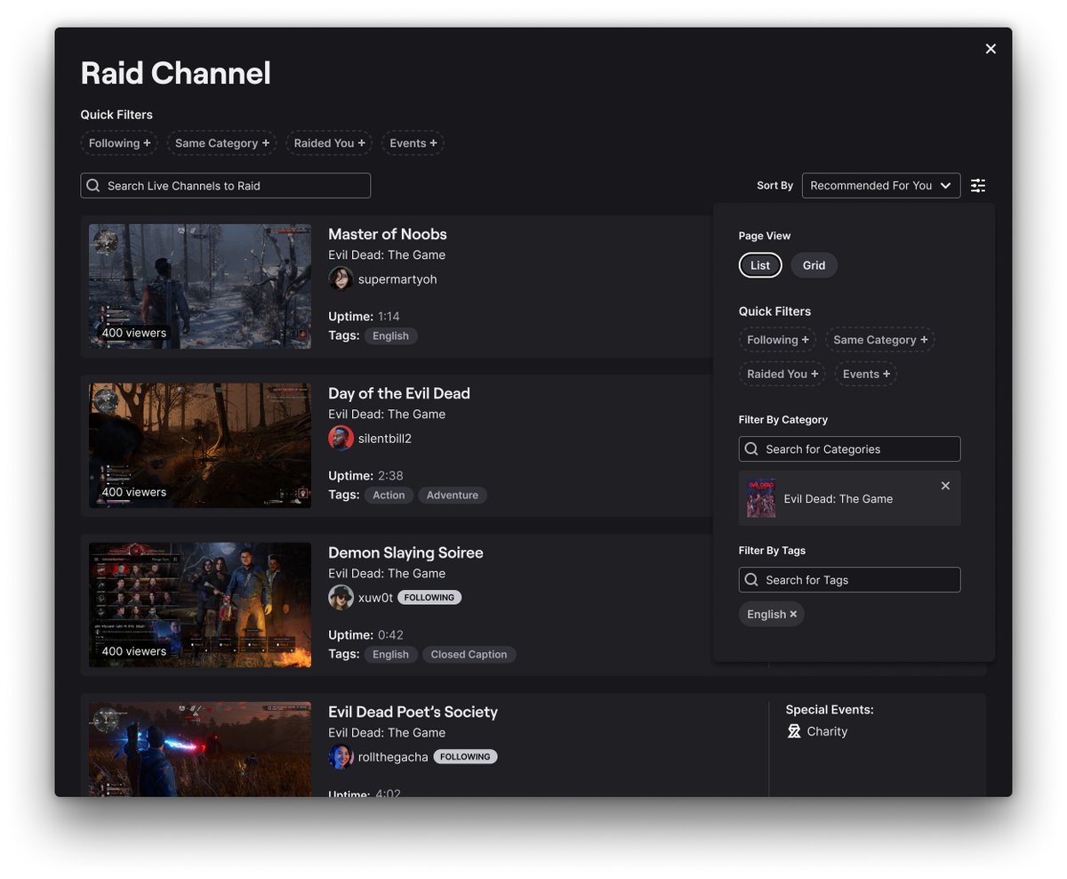 🔬 We're experimenting with making it easier to find communities to Raid after your stream 💜

Click the Raid quick-action button to see streams suggested for you. Filter based on Viewer Count, Uptime, Category, Raid history &amp; more!

Rolling out to select streamers this week.