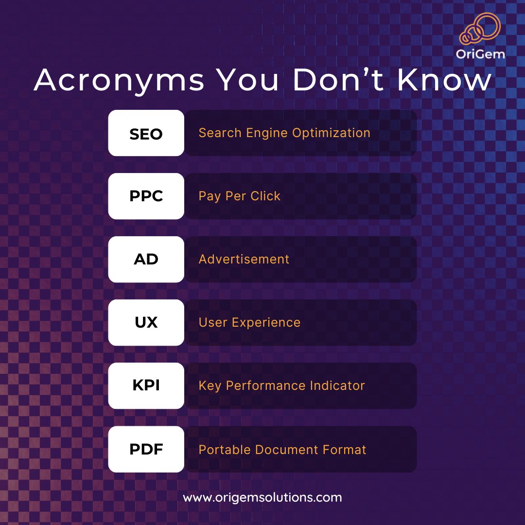 origemsolutions's tweet photo. How long did it take you to get the full meaning of these acronyms?
Which other acronyms can you bet others donβt know? Share with us in the comments ππΎ
#origemsolutions #digitalmarketing #socialmediamarketing #smallbusinessowner #linkedincommunity #digitalmarketingterms #trend https://t.co/afUFsszJIC