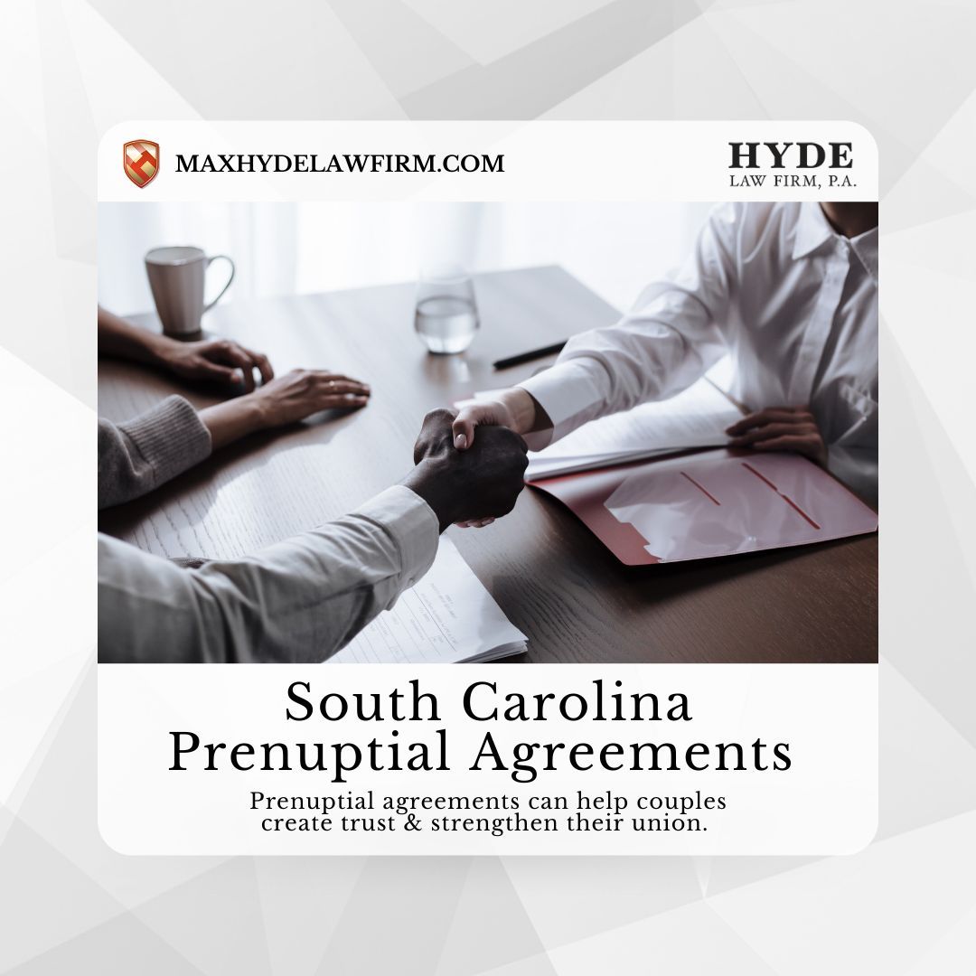 Prenuptial agreements can help parties create trust between themselves and protect the interest of other third parties such as children or parents. Click the link in our bio or call us today at (864) 804-6330 
#HydeLawFirm #divorcelawyer #custodylawyer #familylawyer  #marriage