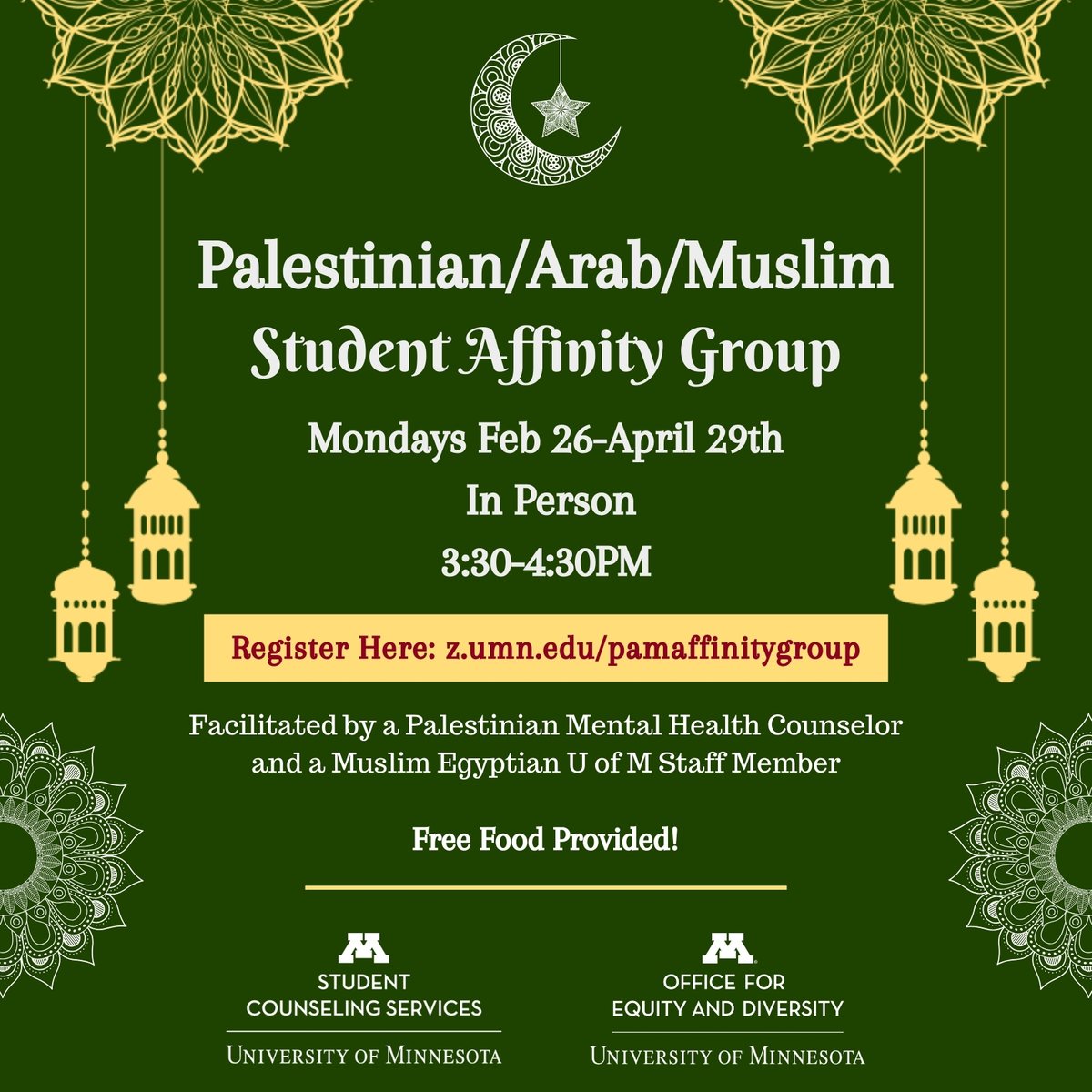 ❗️NEW STUDENT GROUP❗️This group invites students at the U of M to gather & support one another in their experiences & identities as Palestinian, Arab, and/or Muslim students. Register: z.umn.edu/PAMaffinitygro… List of affinity/counseling groups at @umnscs: z.umn.edu/SCSaffinity