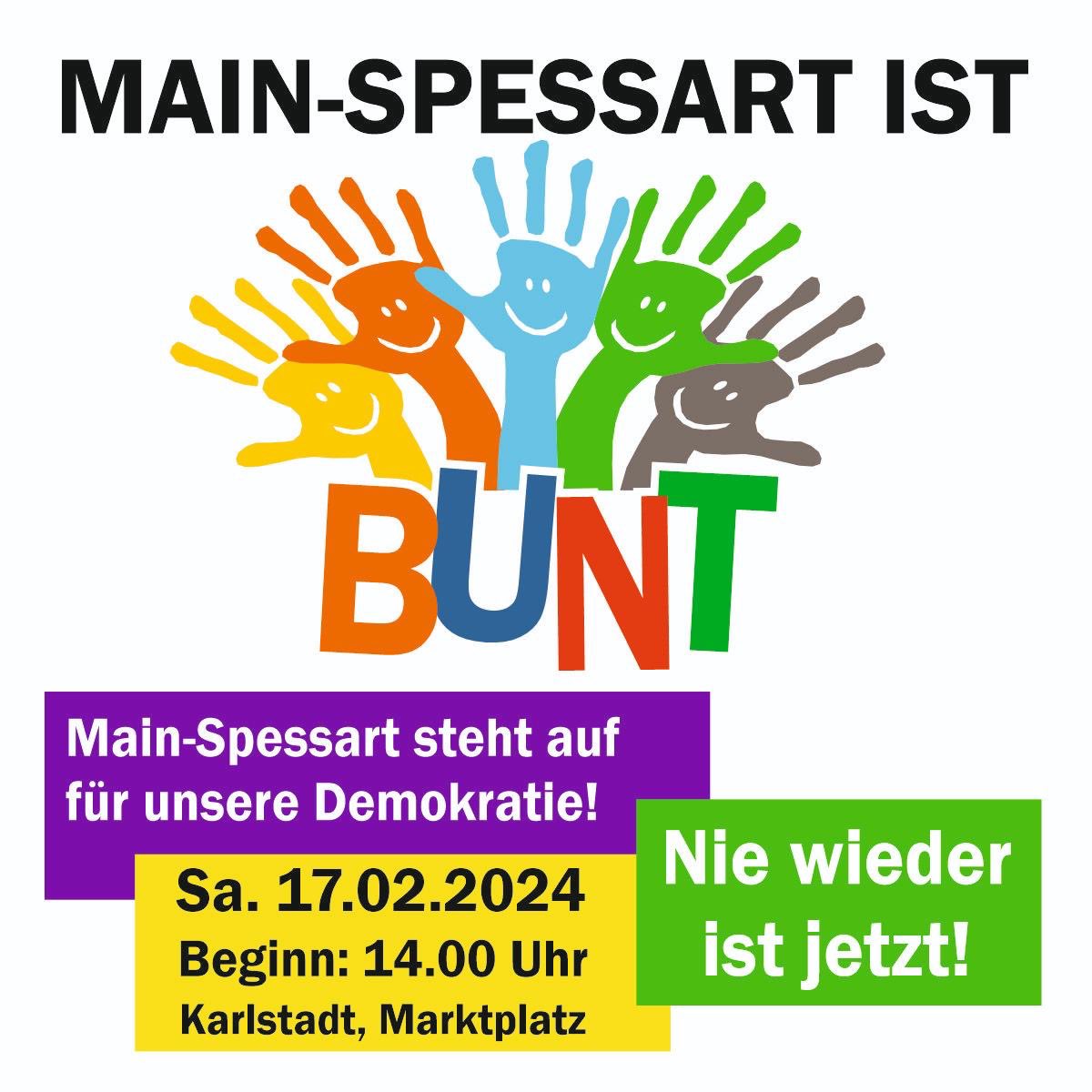 SPD_Sinngrund's tweet photo. #MainSpessart ist bunt!!! 🟠🟡🟢🔵🟣🔴 17.02.2024 um 14:00 Uhr
Gegen Hass und Hetze in #Karlstadt. #noafd #NieWiederIstJetzt  #NazisRaus https://t.co/t66uNIA6xC
