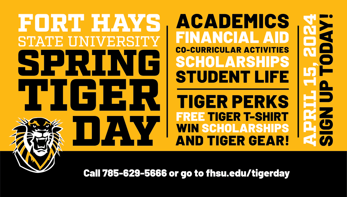 fhsuadmissions's tweet photo. High School Sophomores &amp; Juniors, you're invited to Tiger Day!
Click the link to learn more and 📲 Register by April 8th! https://t.co/7ISo737vO2 https://t.co/JI0k8Qt8jP