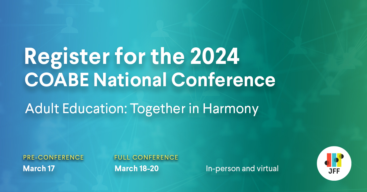 jfftweets's tweet image. Come join JFF at COABE from March 17-19 to learn about our DRAW (Digital Resilience in the American Workforce) initiative and our work with our partner CREATE  &amp;gt;&amp;gt; jfflink.org/4bEmeAE #AdultEducation #TransformWorkandLearning